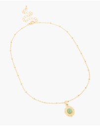 Lovisa - Waterproof Gold Plated Stainless Steel Green Semi Precious Stone Boho Disc Necklace
