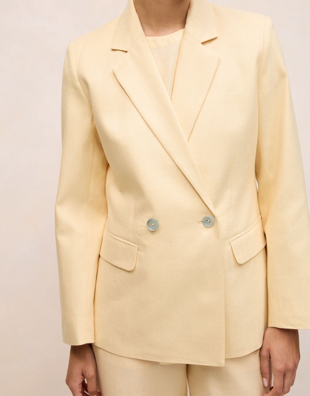 Trenery - Linen Cotton Herringbone Double Breasted Blazer in Butter