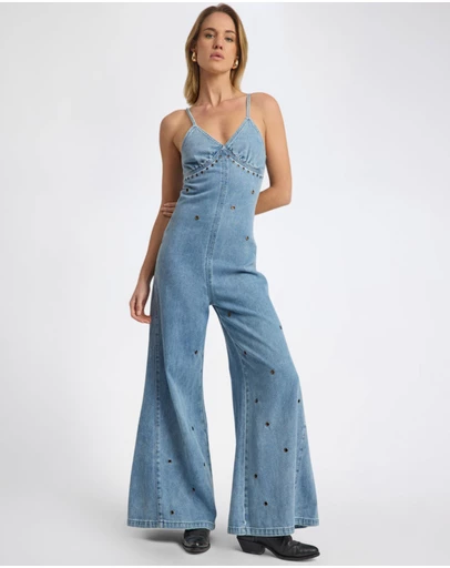 ONE TEASPOON - Brigitte Wide Leg Cami Denim Jumpsuit - Blue Rapture