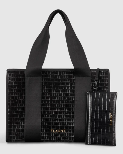 Flaunt - Flaunt Black Crocodile Faux Everyday Tote w/ Pouch