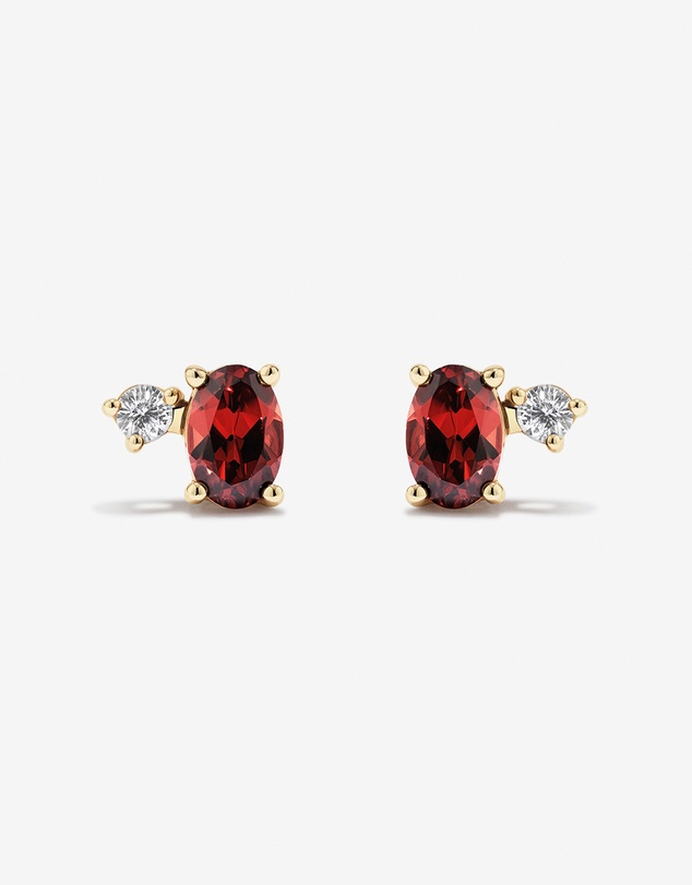 Michael Hill - Round White Sapphire and Oval-Cut Garnet Toi Et Moi Stud Earrings in 10kt Yellow Gold