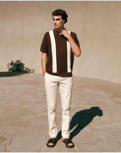 Trenery - Cotton Linen Graphic Knit Polo in Espresso
