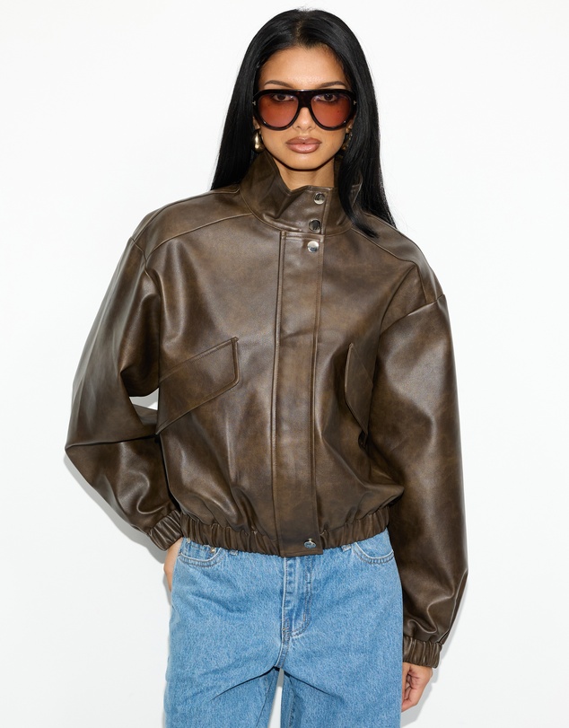 Dazie - Benson Funnel Neck PU Bomber Jacket