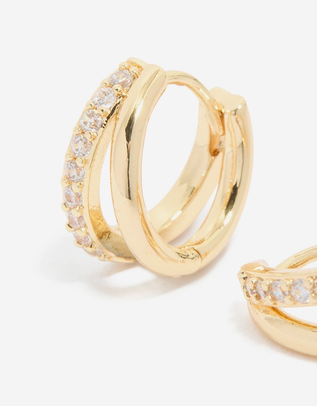 Lovisa - Waterproof Gold Plated Stainless Steel Cubic Zirconia & Double Row Huggie Earrings
