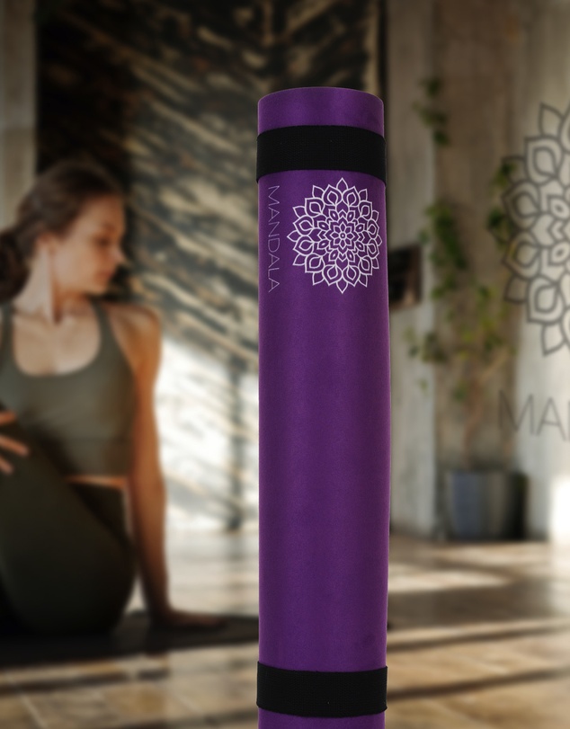 Mandala - Mandala Yoga Mat Premium Bundle, Includes Yoga Mat 188cm H x 61cm W, Yoga Strap & Steel Hydration Bottle - Purple