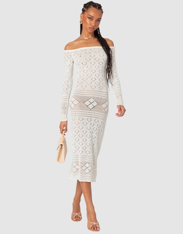 EDIKTED - Lily Crochet Off Shoulder Midi Dress
