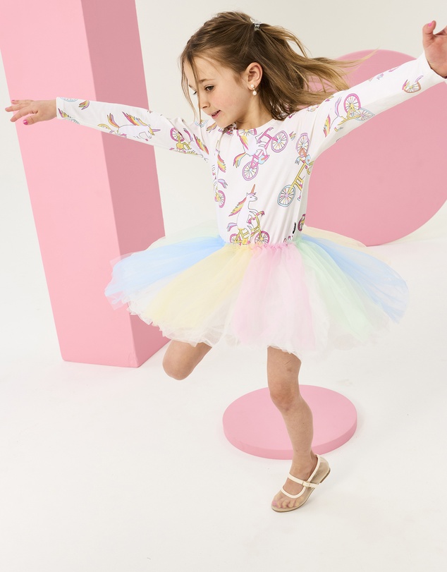 Rock Your Kid - Unicorn Bike Circus Long Sleeve Dress in Cream