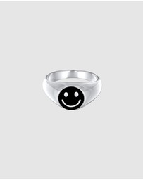 Kuzzoi - ICONIC EXCLUSIVE - Ring Signet ring with Smiling Face Trend Enamel Black in 925 Sterling Silver