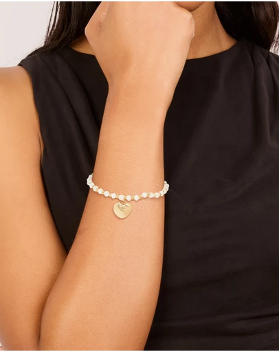 Lovisa - Waterproof Gold Plated Stainless Steel White Semi Precious Stone Heart Charm Stretch Bracelet