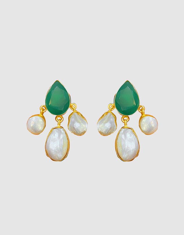 Meshca - Pyramid Emerald Onyx And Freshwater Pearl Earrings