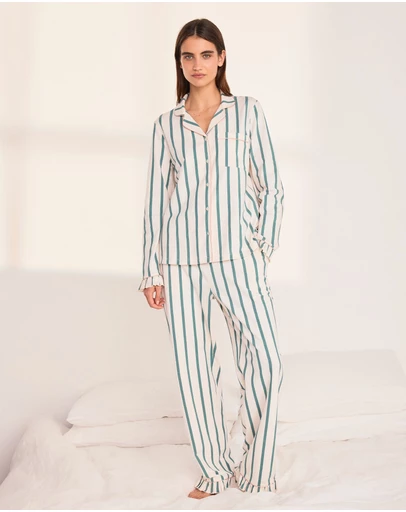 Chelsea Peers - Organic Cotton Stripe Ruffle Long Pyjama Set