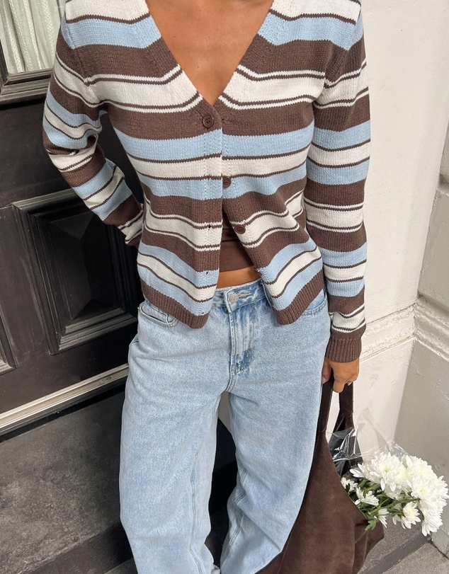 Beginning Boutique - Misha Brown and Blue Stripe Button Down Cardigan