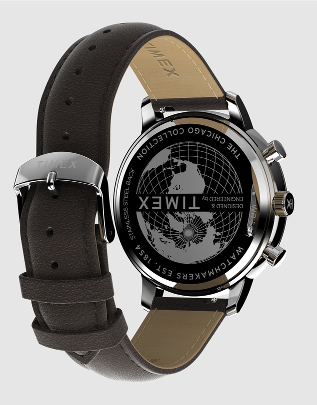 TIMEX - Chicago Chrono 45mm Silver Tone Blue Dial Brown Leather Strap