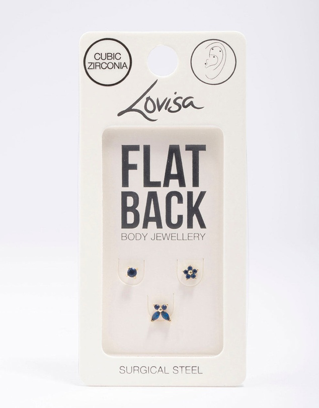 Lovisa - Gold Plated Surgical Steel Butterfly & Flower Flat Back 3-Pack