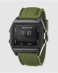 Maxum - Raglan Tide Watch – Black Case, Black Dial & Green Silicone Strap