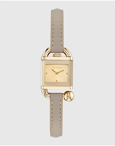 Furla - Mianuvola Square Yellow Gold-Tone Grey Leather Strap Watch