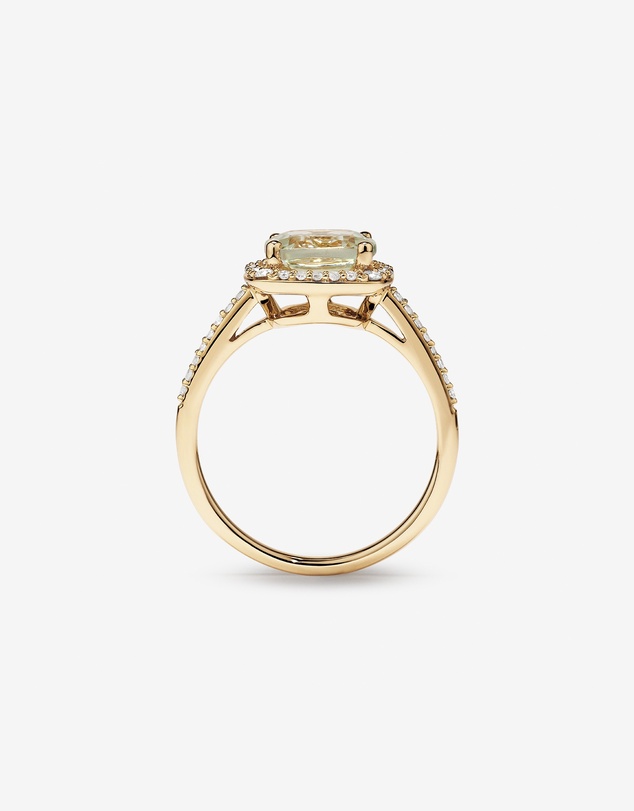 Michael Hill - Cushion Cut Green Amethyst Gemstone and 0.25 Carat TW Diamond Halo Ring in 10kt Yellow Gold