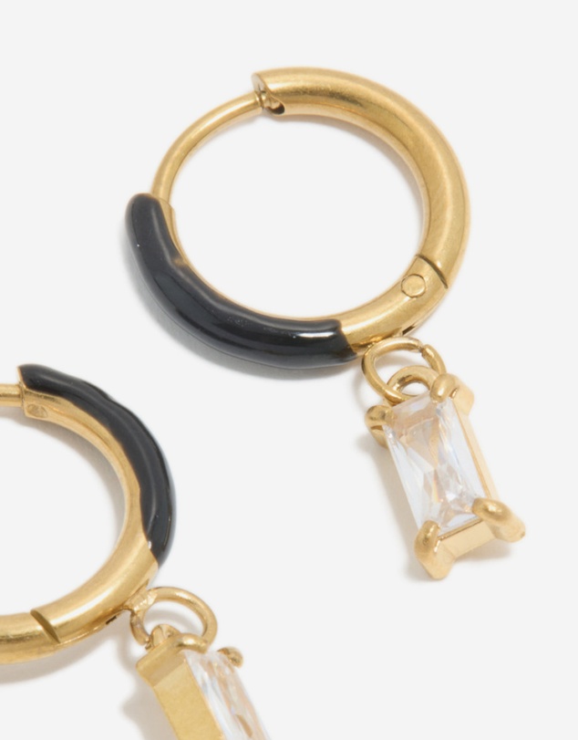 Lovisa - Waterproof Gold Plated Stainless Steel Black Enamel Cubic Zirconia Charm Huggie Earrings