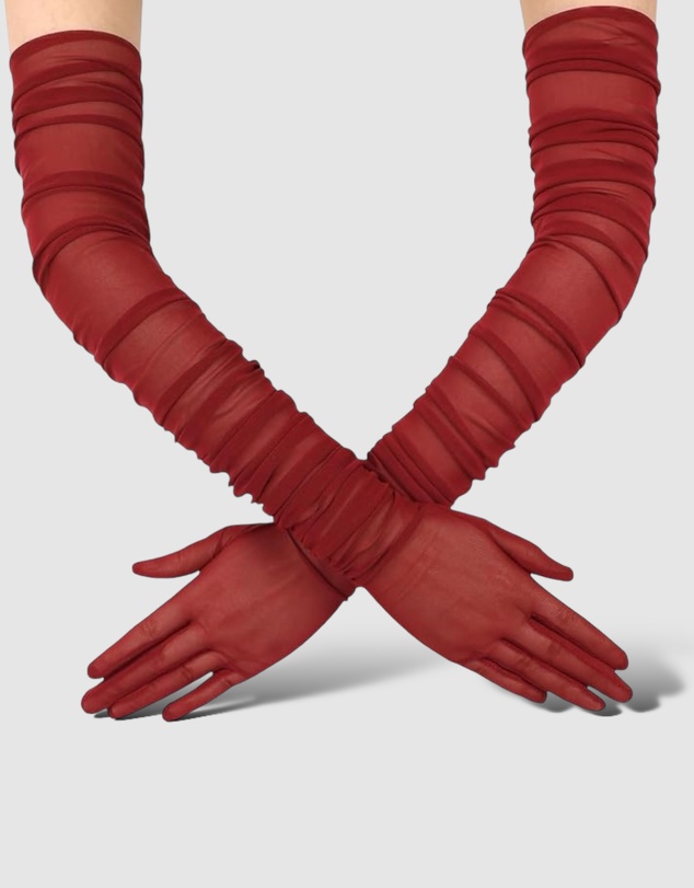 High Heel Jungle - Ariana Ruched Mesh Opera Glove - Wine