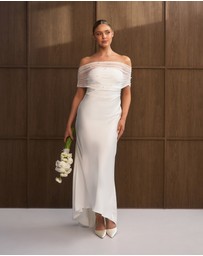 Six Stories - Bardot Detail Pearl Satin Midaxi Dress