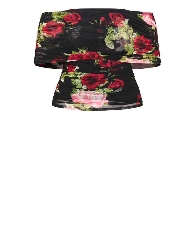 City Chic - Plus Size Dana Mesh Rose Print Top - black