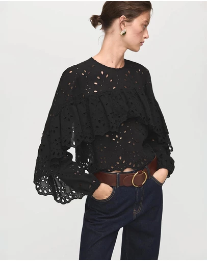 M.N.G - Blouse With Embroidered Eyelet Ruffles