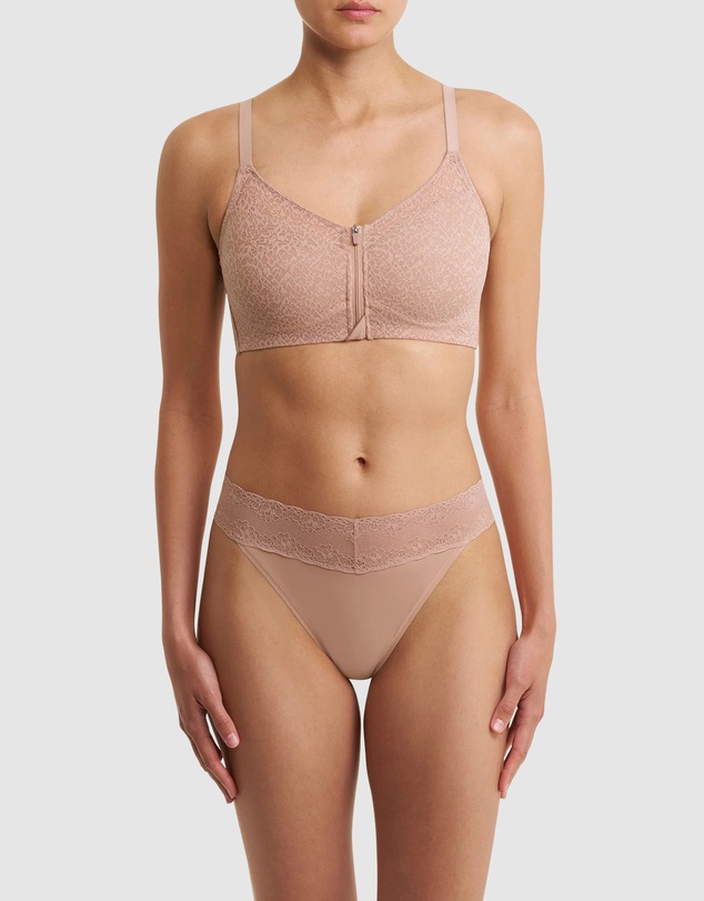 Natori - Pretty Smooth Zip Front Pocketed Post-Surgery Bra With Cotton & Lace