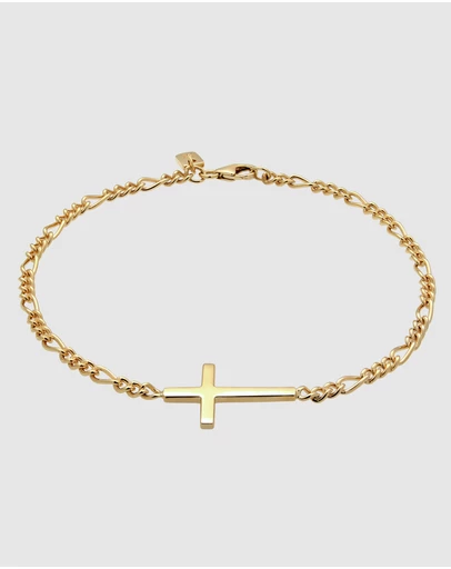 Kuzzoi - ICONIC EXCLUSIVE - Bracelet Male Cross Figaro Chain 925 Sterling Silver Gold Plated