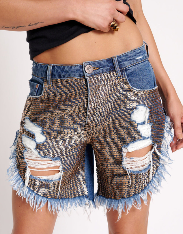 ONE TEASPOON - Gold Mine Frankies Long Length Denim Shorts