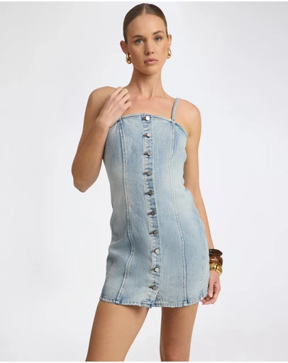 ONE TEASPOON - Riviera Fitted Strappy Mini Denim Dress - Hendrixe Blue