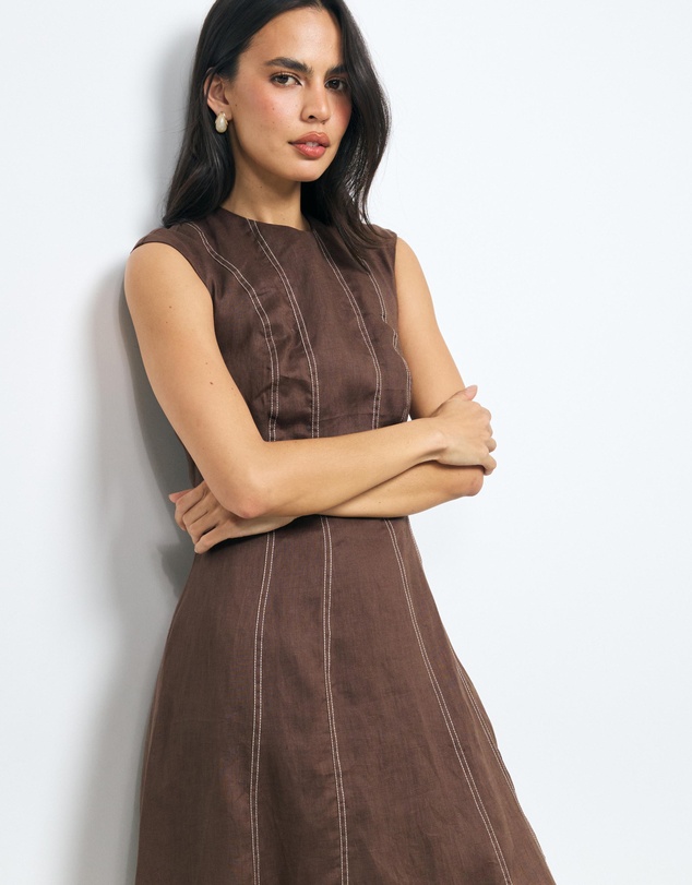 AERE - Eden Contrast Stitch Linen Midi Dress