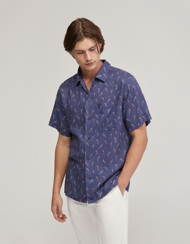 Oxford - Vinny Linen Blend Short Sleeve Printed Shirt