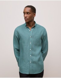 Trenery - Regular Fit Linen Micro Check Long Sleeve Shirt in Jade Green