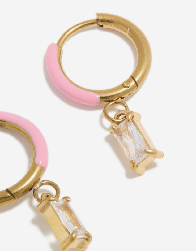 Lovisa - Waterproof Gold Plated Stainless Steel Pink Enamel Cubic Zirconia Charm Huggie Earrings
