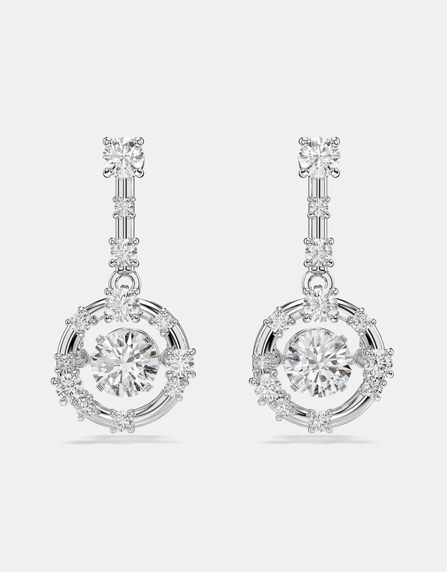 Swarovski - Constella Drop Earrings, Round Cut, Dancing Stone, White, Rhodium Plated