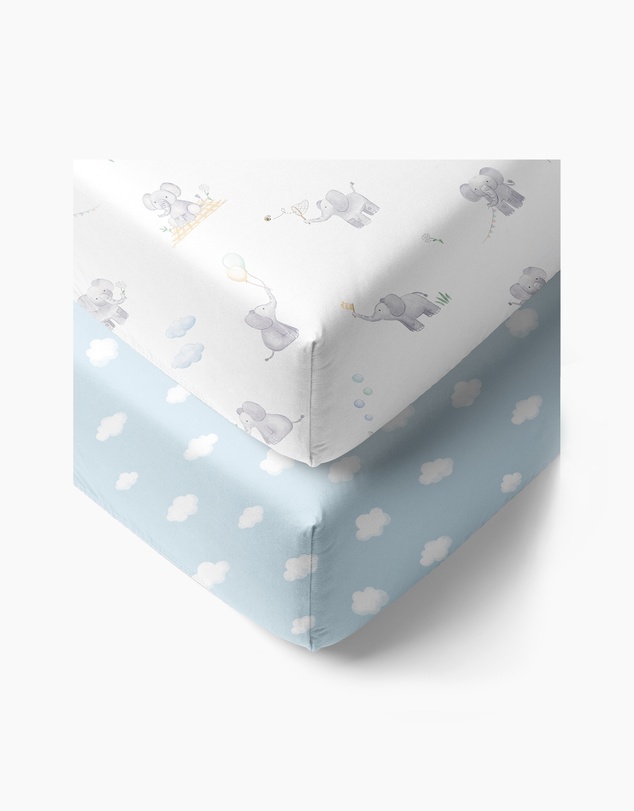 Living Textiles - 2 Pack Organic Cot Fitted Sheet - Elephant Playtime