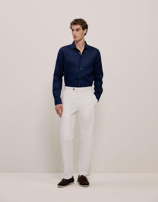 Trenery - Tailored Fit Linen Long Sleeve Shirt in Navy