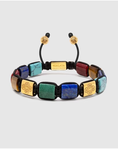 Nialaya Jewellery - The Dorje Flatbead Collection - Blue Lapis, Green Jade, Brown Tiger Eye, Red Jade and Turquoise