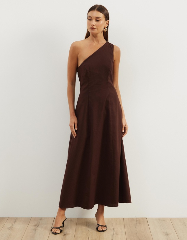 Atmos&Here - Oralie One Shoulder Linen Blend Midi Dress