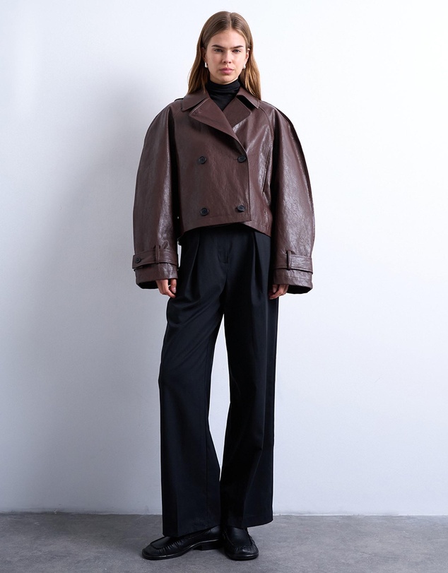TOPSHOP - Faux Leather Ovoid Sleeve Short Trench Jacket