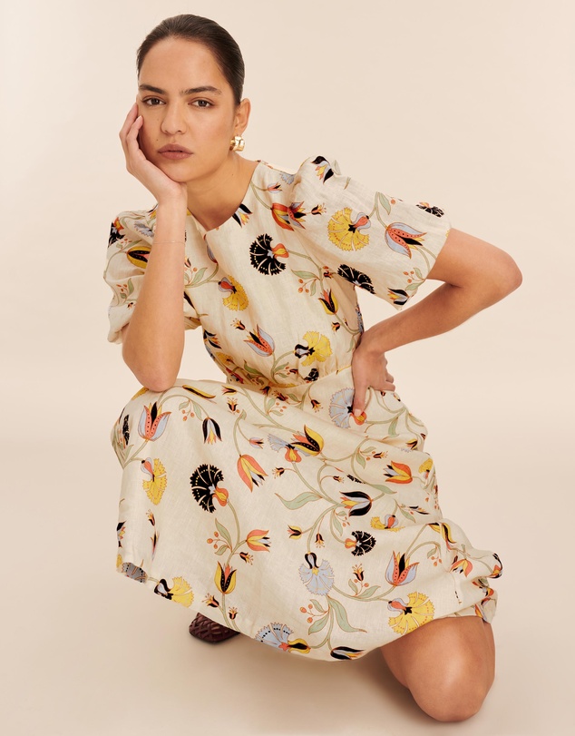 AERE - Linen Puff Sleeve Midi Dress