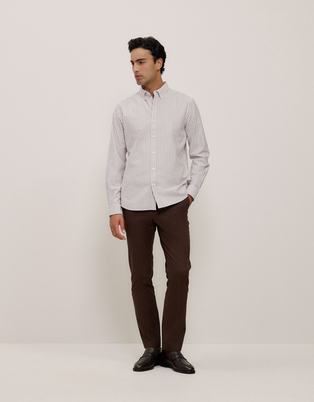 Trenery - Regular Fit Wide Stripe Oxford Shirt in Coffee