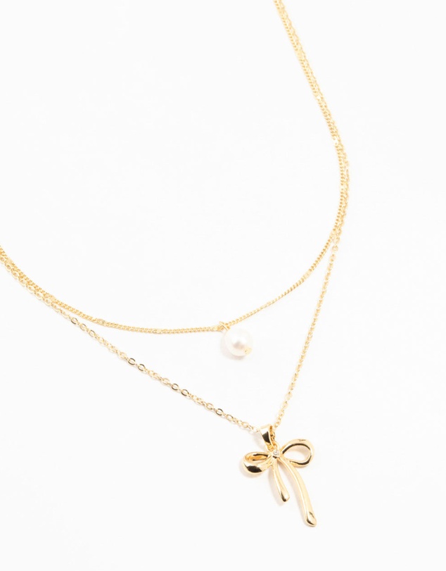 Lovisa - Gold Plated Brass Bow & Pearl Layered Necklace