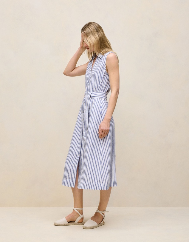 Trenery - Yarn Dyed Linen Stripe Sleeveless Shirt Dress in Vivid Blue