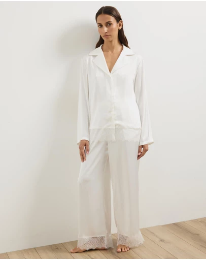 Atmos&Here - Pearl Lace Trim Long Sleeve Satin Pyjama Set