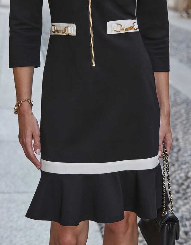 Sosandar - Black & White Contrast Trim Gold Detail Ponte Shift Dress
