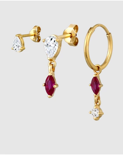 Elli Jewelry - Ruby Earring Set in Gold-Plated 925 Silver