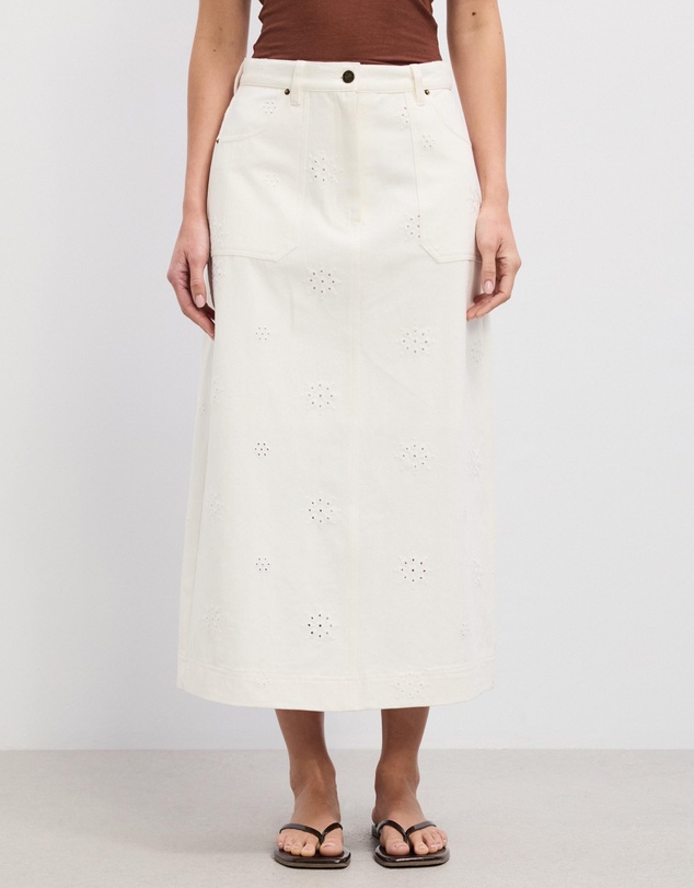 The Fated - Stephanie Broderie Twill Midi Skirt