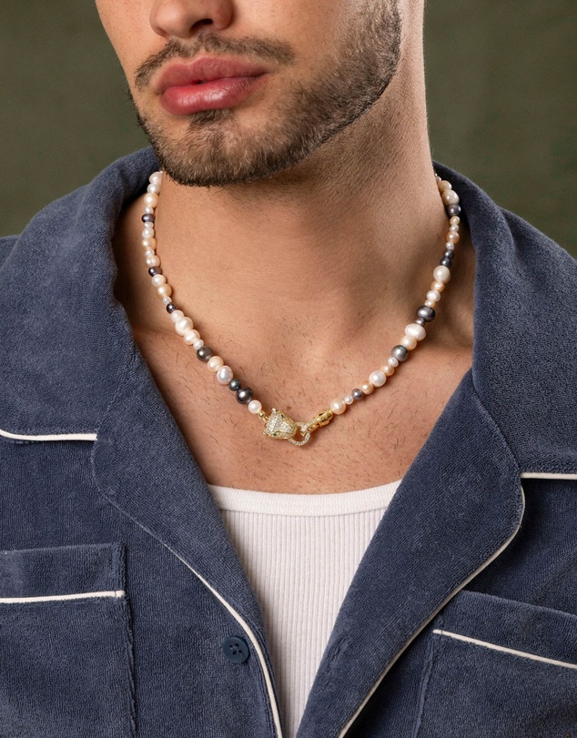 Nialaya Jewellery - Multi-Colored Pearl Necklace with Gold Plated Panther Head Lock