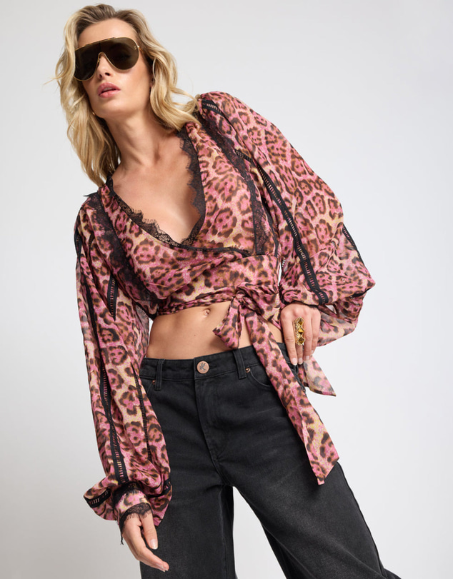 ONE TEASPOON - Songbird Sheer Balloon Sleeve Tie-Up Blouse - Pink Leopard